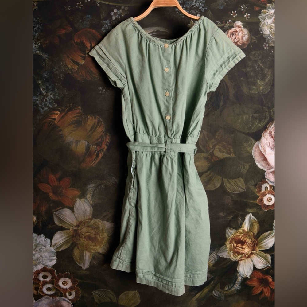 Olive Juice cotton-linen pale green belted dress size 8 years